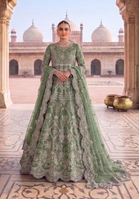 Green Embroidered Net Anarkali With Dupatta