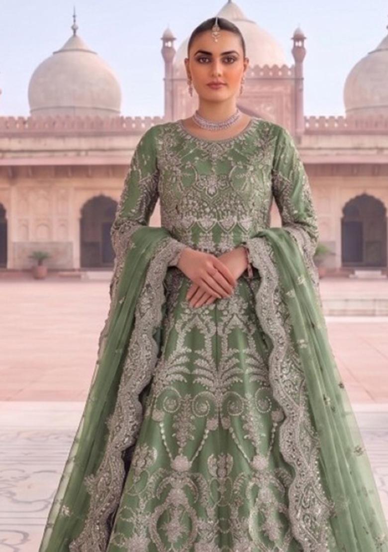 Green Embroidered Net Anarkali With Dupatta - Indya