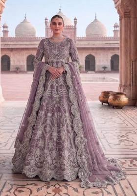 Lavender Embroidered Net Anarkali With Dupatta
