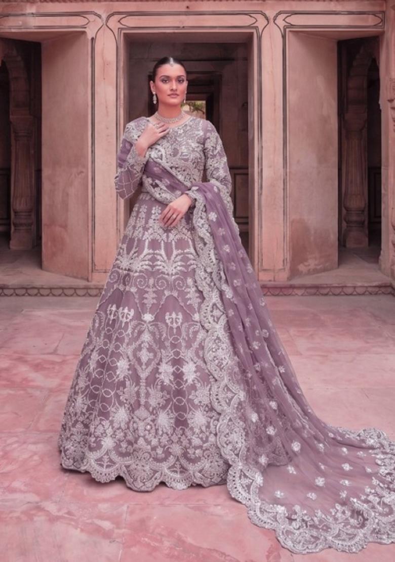 Lavender Embroidered Net Anarkali With Dupatta - Indya