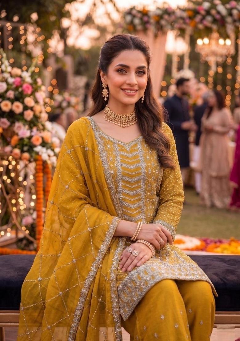 Yellow Embroidered Silk Blend Salwar Kameez - Indya