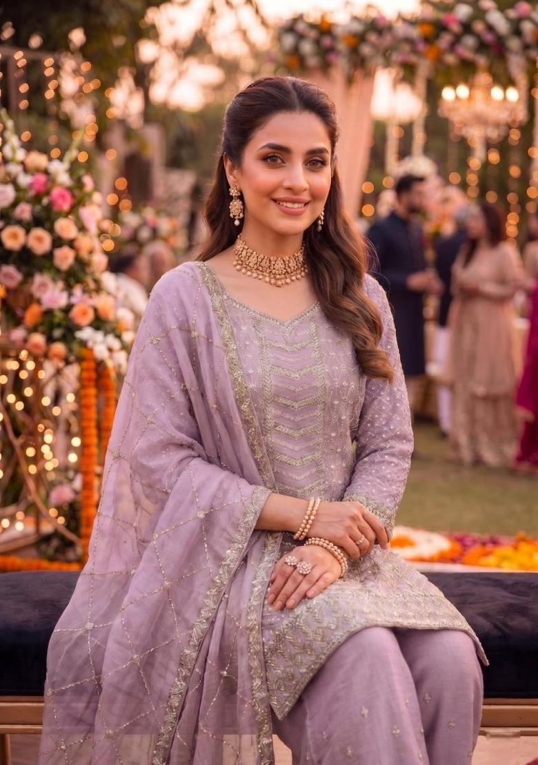 Lavender Embroidered Silk Blend Salwar Kameez - Indya