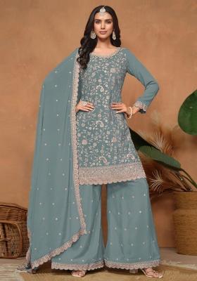 Blue Embroidered Silk Blend Salwar Kameez