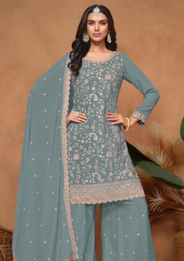 Blue Embroidered Silk Blend Salwar Kameez - Indya