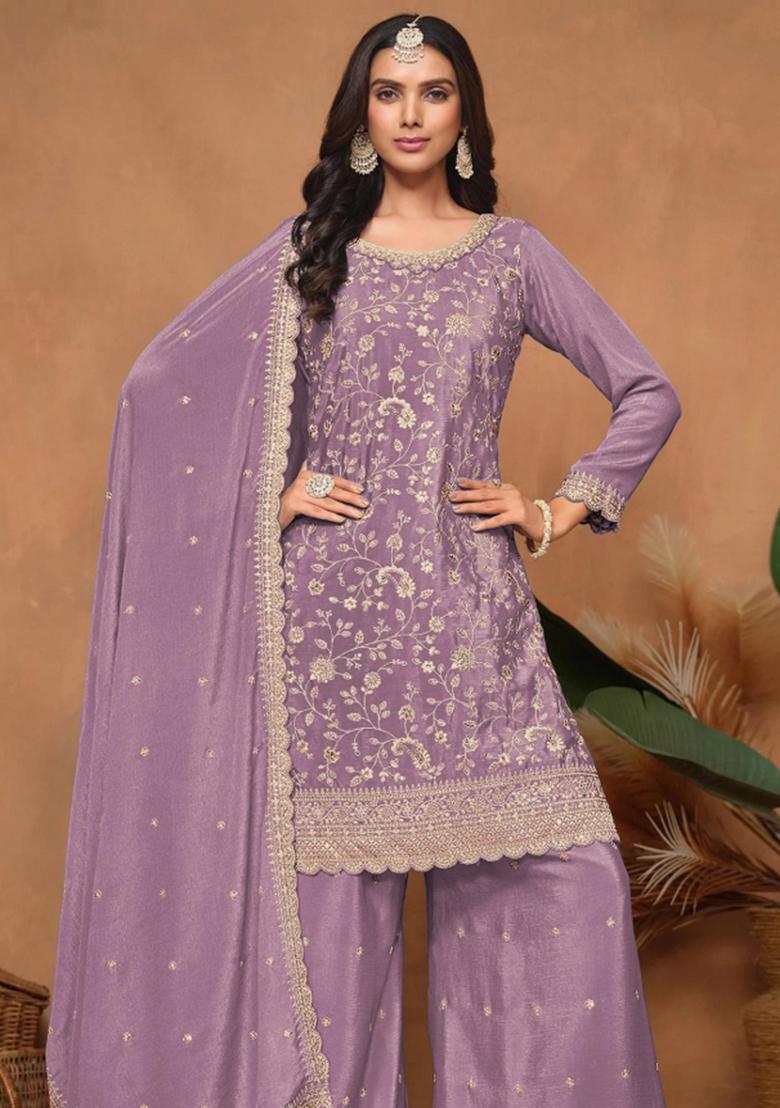 Lavender Embroidered Silk Blend Salwar Kameez - Indya