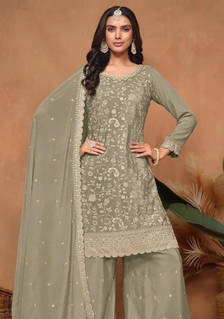 Green Embroidered Silk Blend Salwar Kameez - Indya
