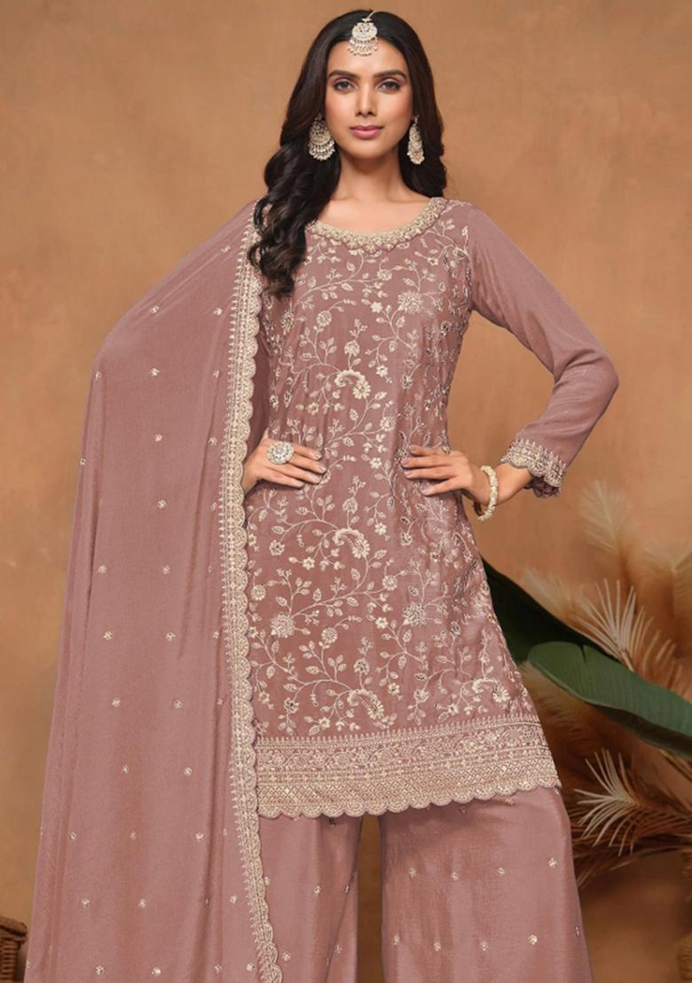 Peach Embroidered Silk Blend Salwar Kameez - Indya