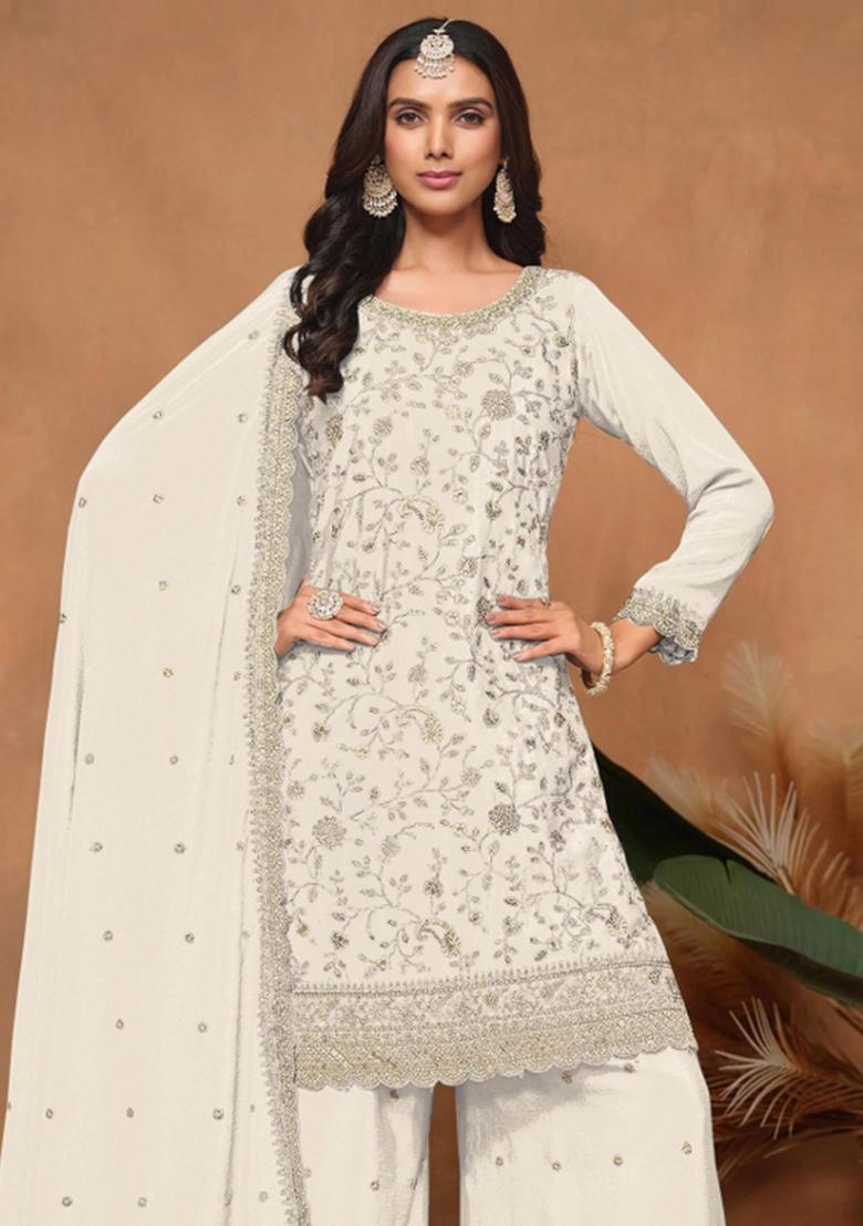 White Embroidered Silk Blend Salwar Kameez - Indya