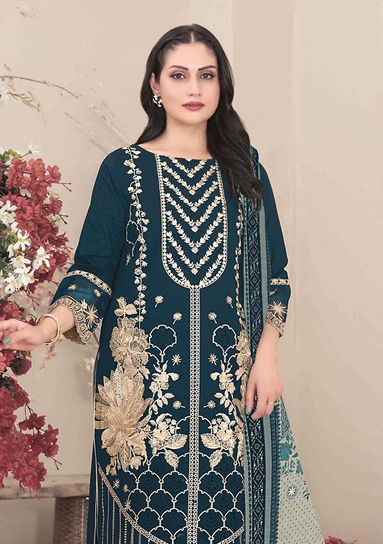 Dark Blue Embroidered Georgette Salwar Kameez - Indya