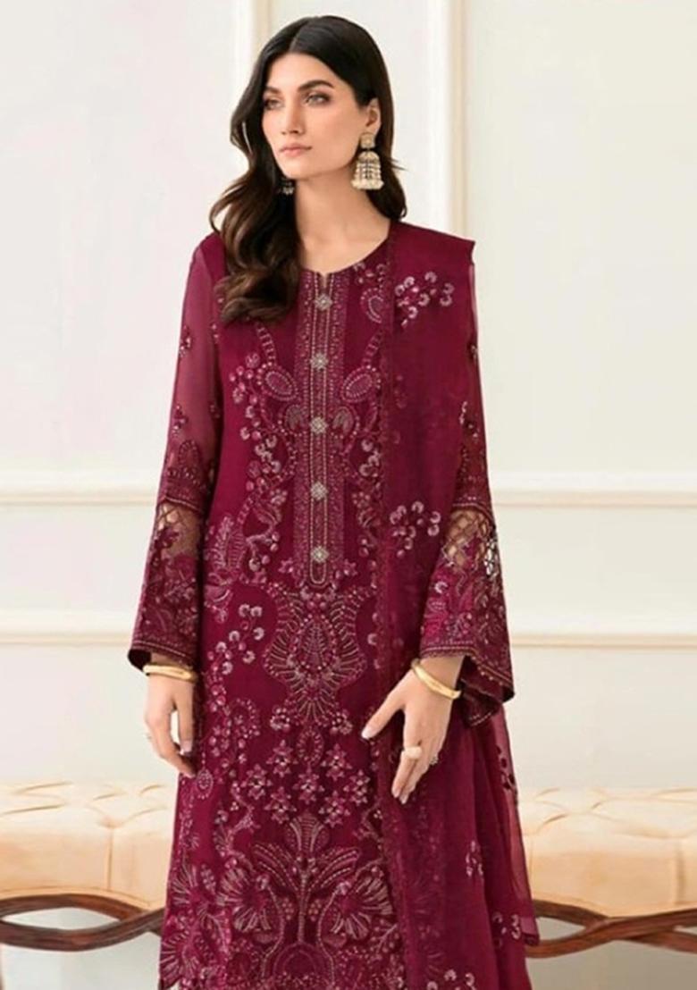 Maroon Embroidered Georgette Salwar Kameez - Indya
