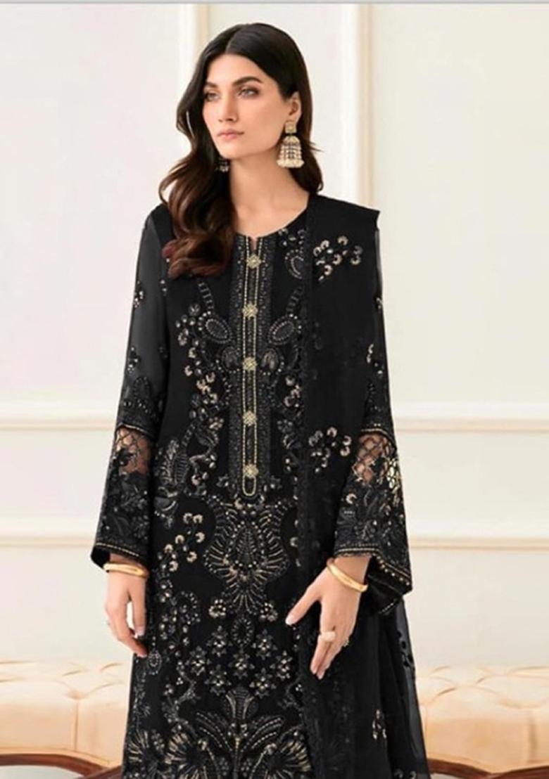 Black Embroidered Georgette Salwar Kameez - Indya