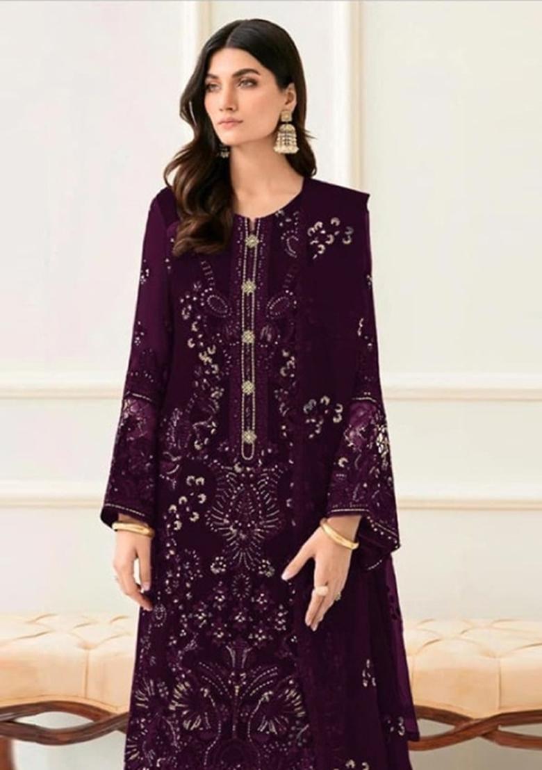 Purple Embroidered Georgette Salwar Kameez - Indya