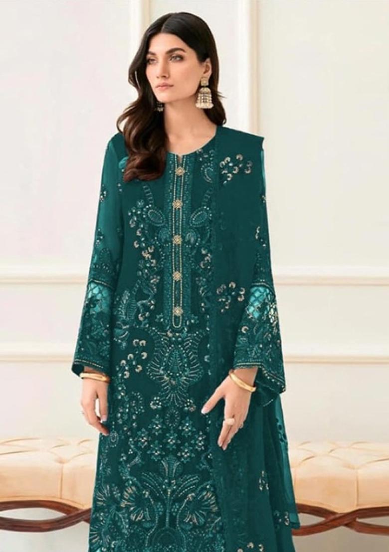 Teal Green Embroidered Georgette Salwar Kameez - Indya