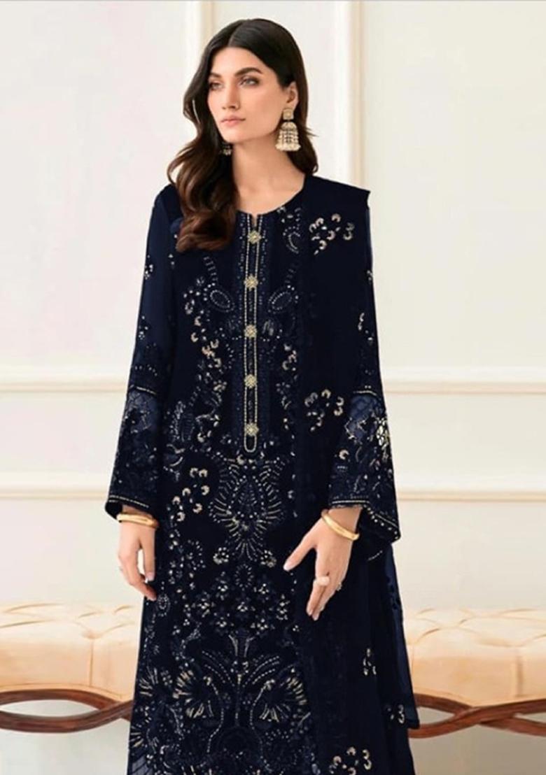 Navy Blue Embroidered Georgette Salwar Kameez - Indya