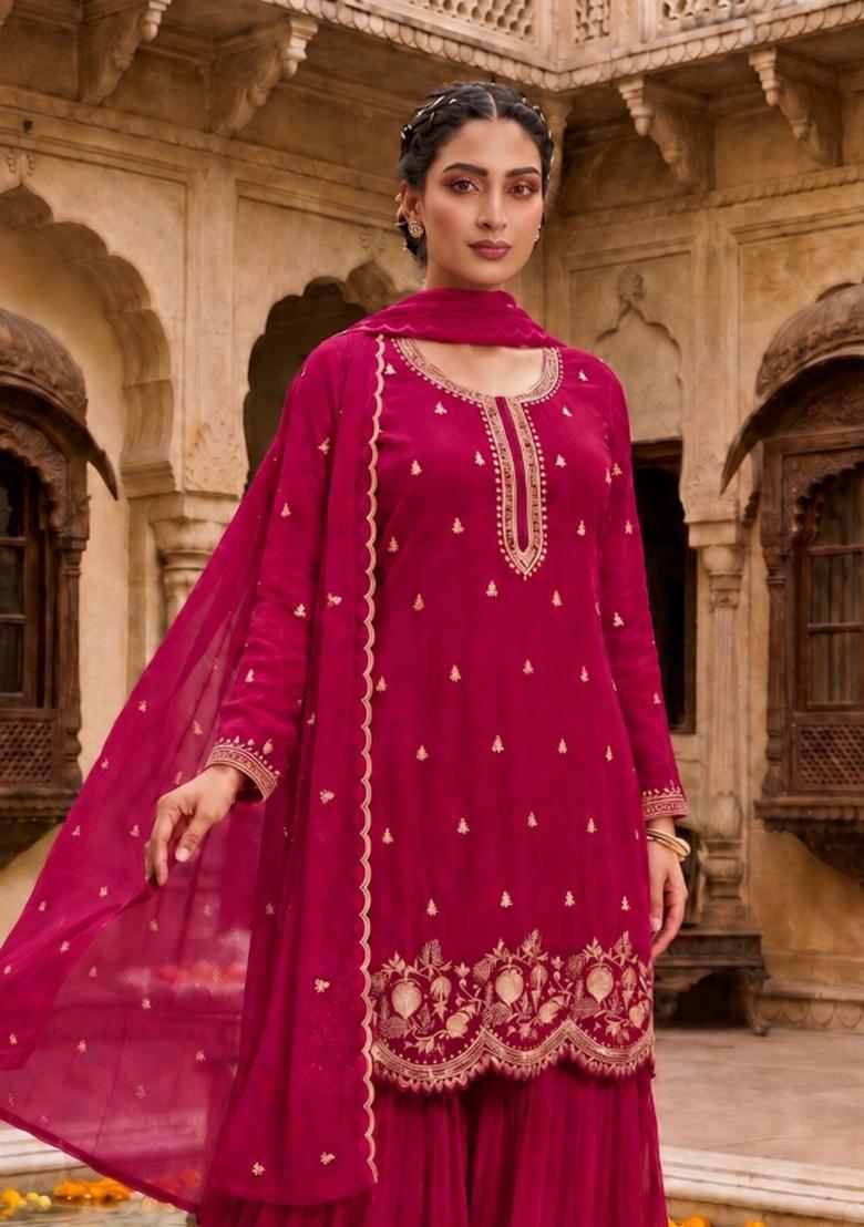 Red Embroidered Georgette Salwar Kameez - Indya
