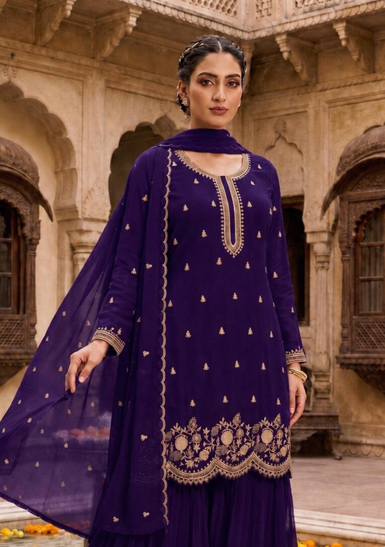 Violet Embroidered Georgette Salwar Kameez - Indya