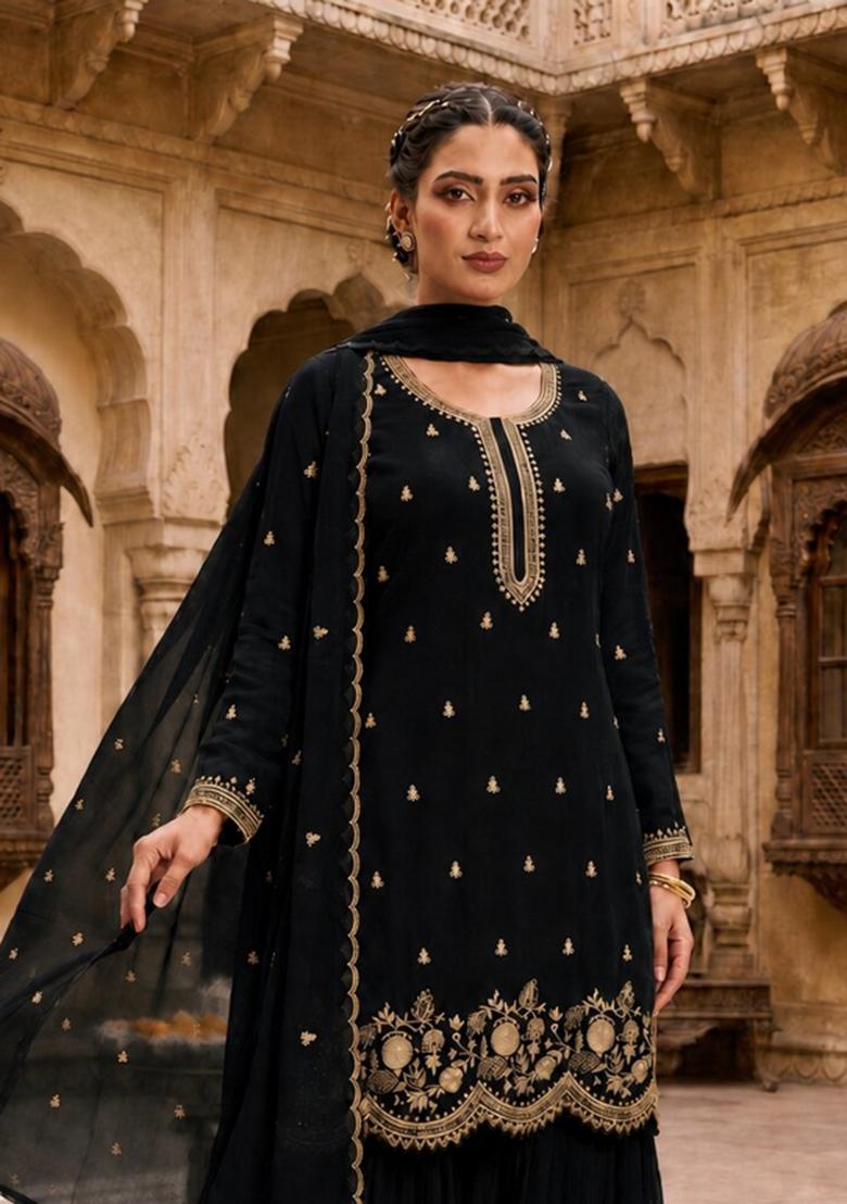 Black Embroidered Georgette Salwar Kameez - Indya