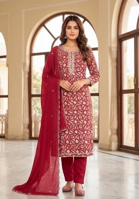 Maroon Printed Silk Salwar Kameez