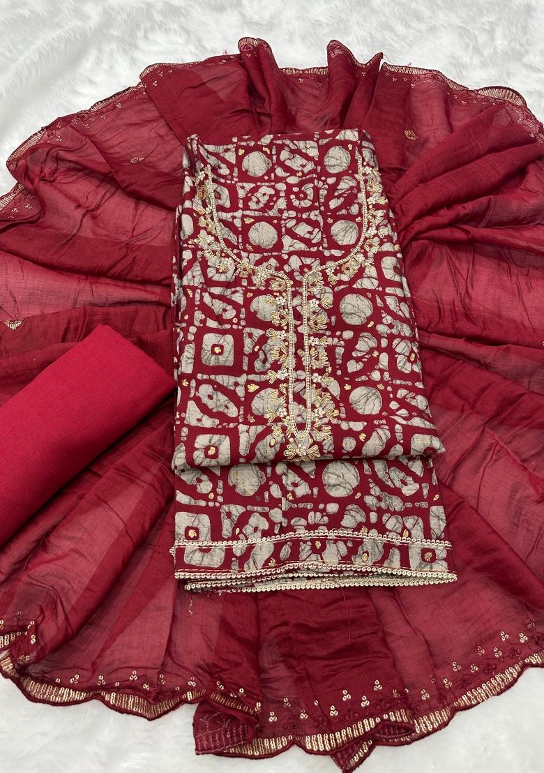 Maroon Printed Silk Blend Salwar Kameez - Indya