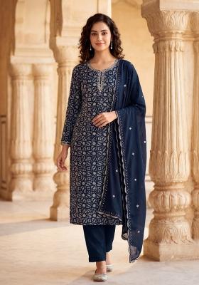 Navy Blue Printed Silk Salwar Kameez