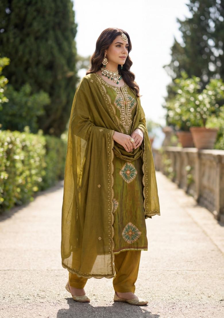 Mehendi Printed Silk Blend Salwar Kameez - Indya