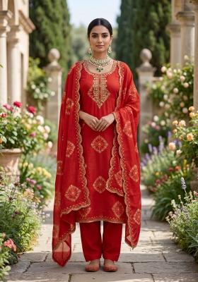 Orange Printed Silk Salwar Kameez