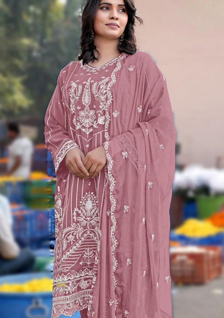 Pink Embroidered Chiffon Salwar Kameez - Indya
