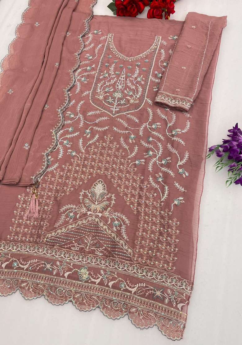 Pink Embroidered Chiffon Salwar Kameez - Indya
