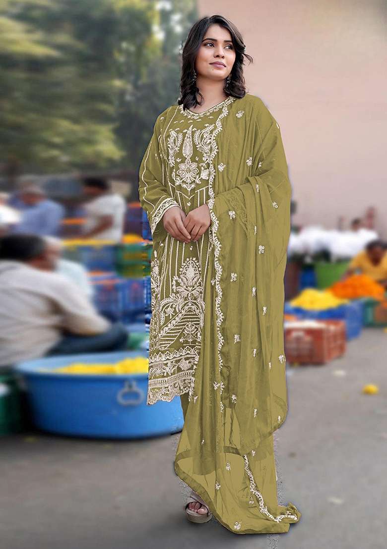 Mustard Embroidered Chiffon Salwar Kameez - Indya