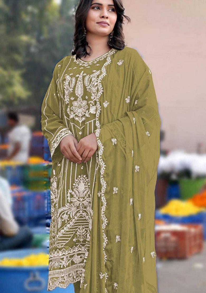 Mustard Embroidered Chiffon Salwar Kameez - Indya