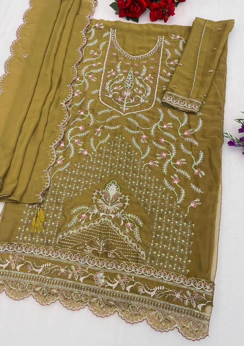 Mustard Embroidered Chiffon Salwar Kameez - Indya