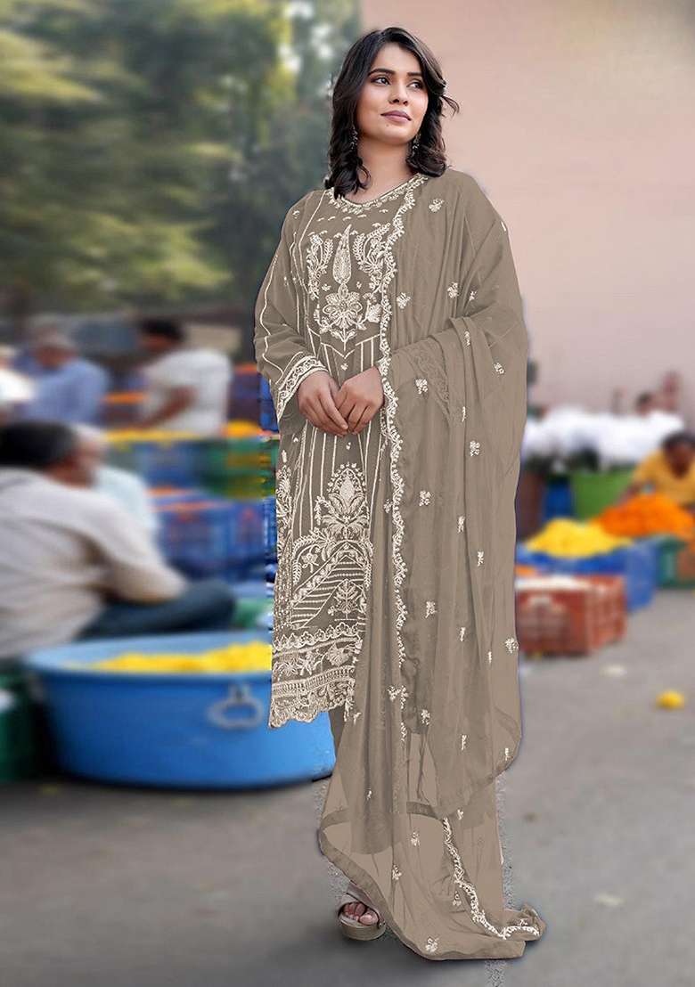 Grey Embroidered Chiffon Salwar Kameez - Indya