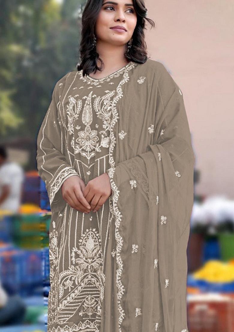 Grey Embroidered Chiffon Salwar Kameez - Indya