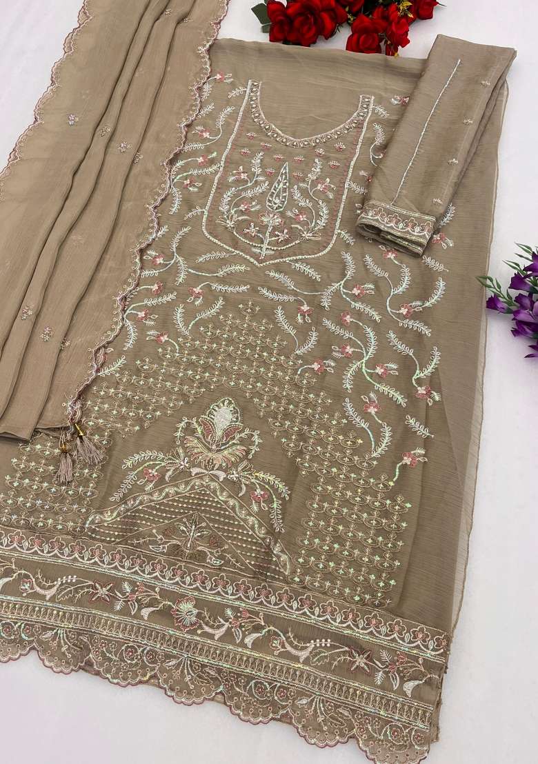 Grey Embroidered Chiffon Salwar Kameez - Indya