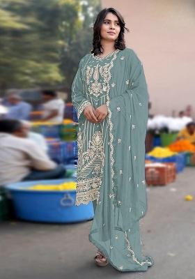 Turquoise Embroidered Chiffon Salwar Kameez