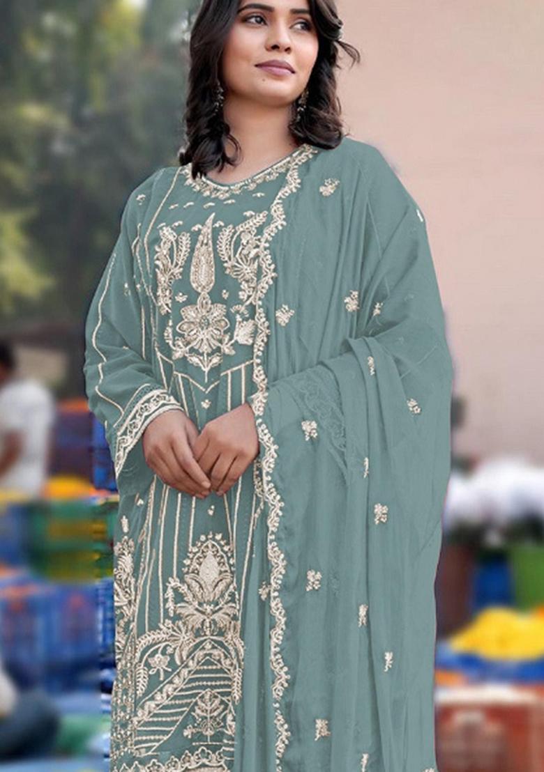 Turquoise Embroidered Chiffon Salwar Kameez - Indya