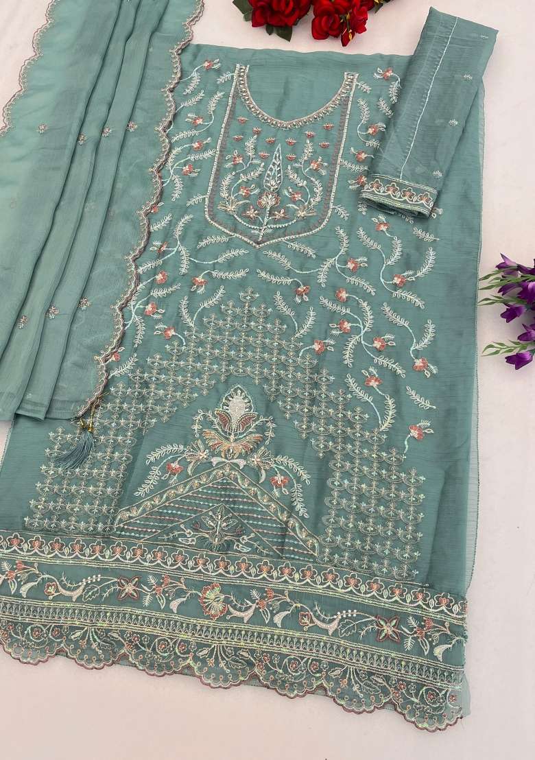 Turquoise Embroidered Chiffon Salwar Kameez - Indya