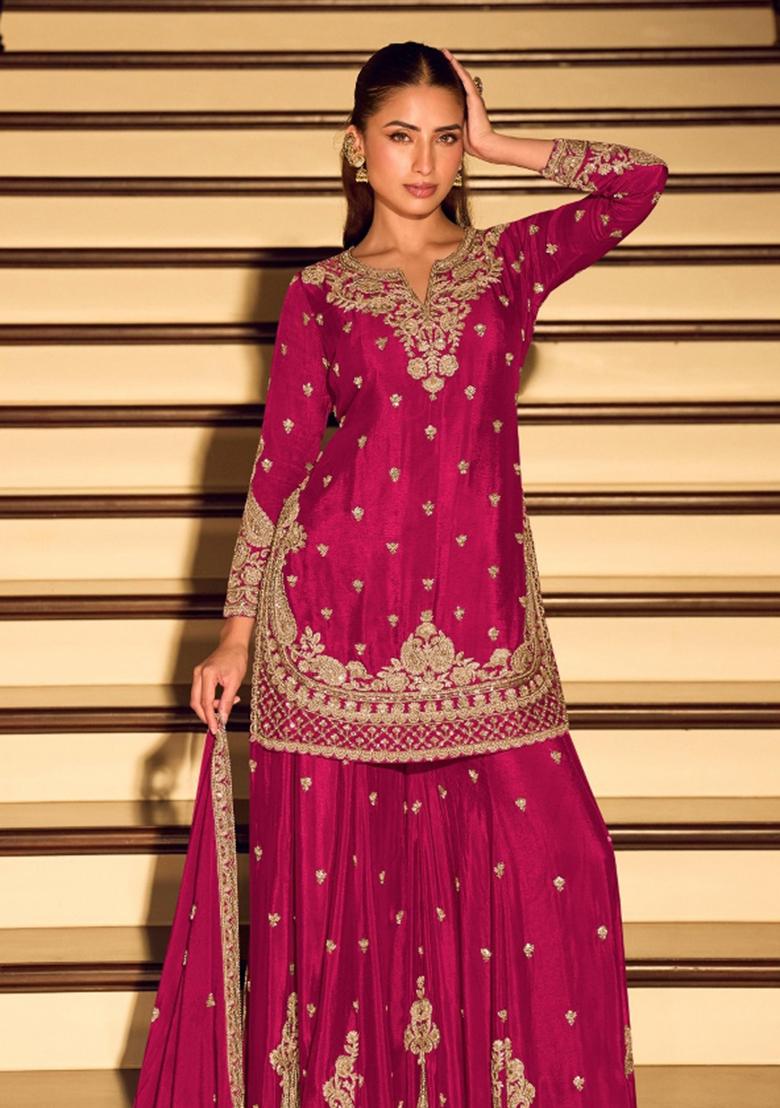 Magenta Embroidered Silk Blend Salwar Kameez - Indya