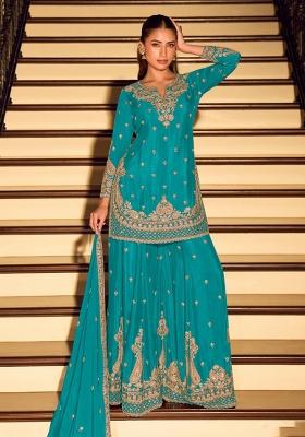 Blue Embroidered Silk Blend Salwar Kameez