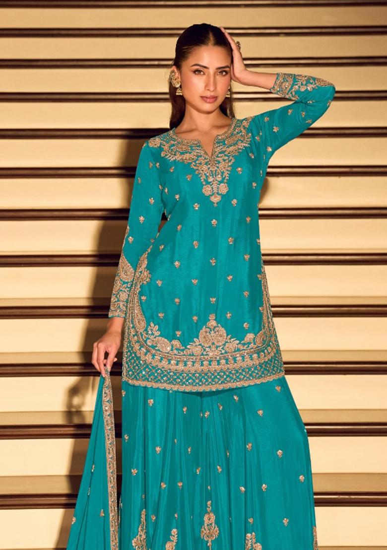 Blue Embroidered Silk Blend Salwar Kameez - Indya