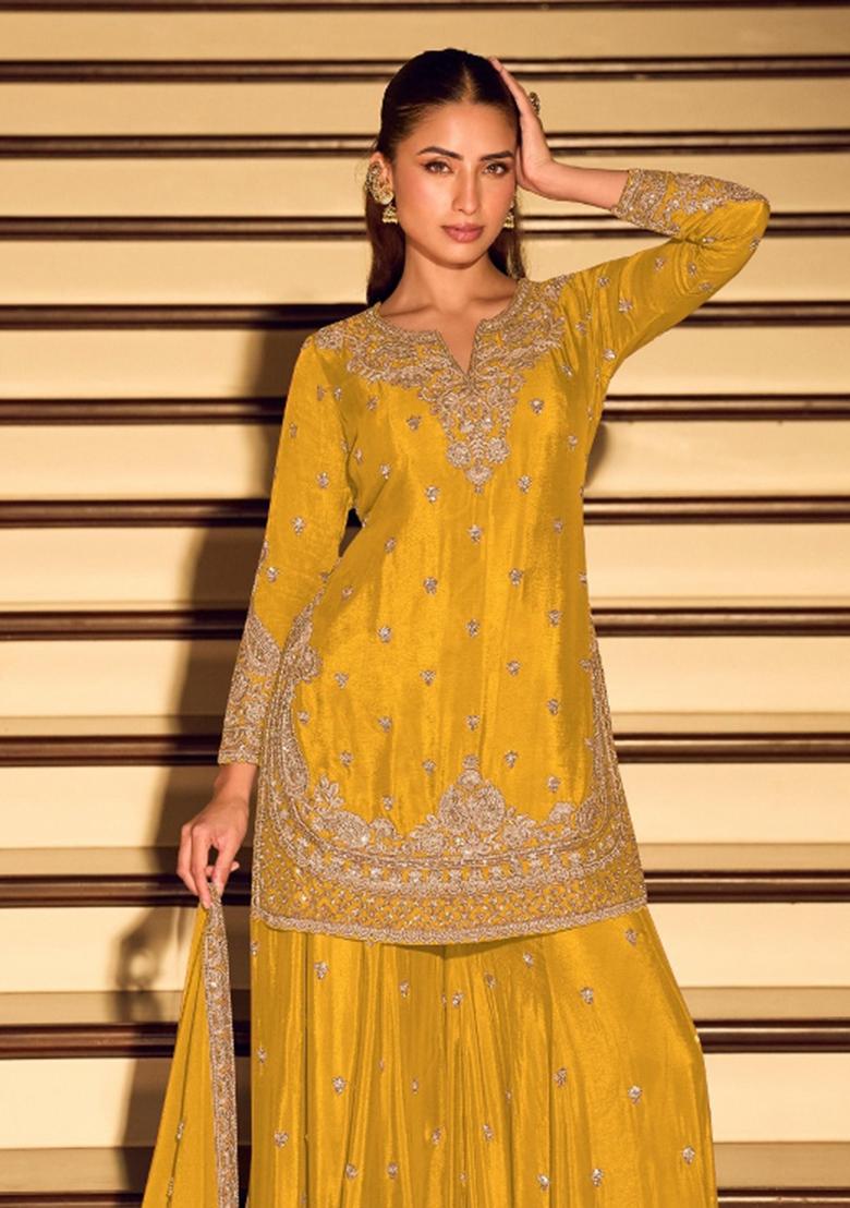 Yellow Embroidered Silk Blend Salwar Kameez - Indya