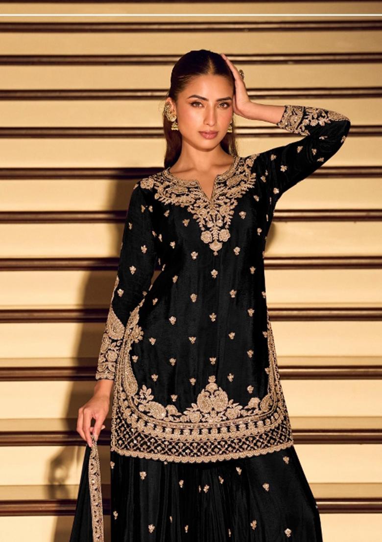 Black Embroidered Silk Blend Salwar Kameez - Indya
