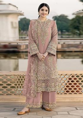 Peach Embroidered Chiffon Salwar Kameez