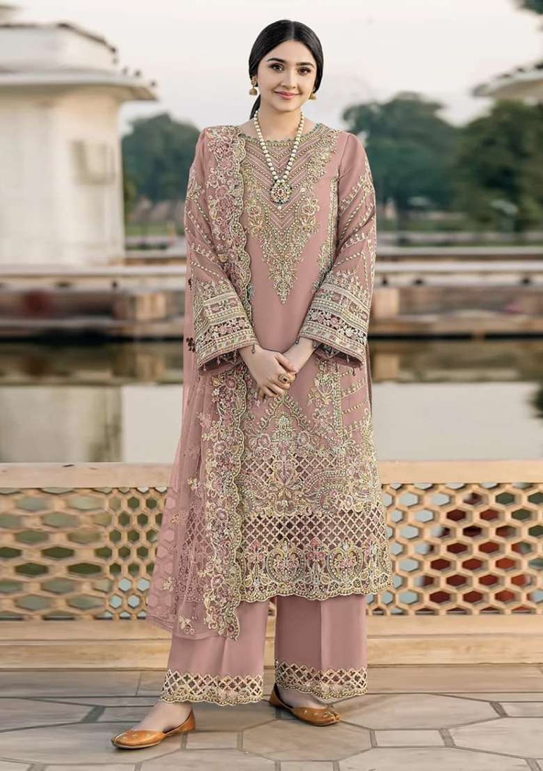 Peach Embroidered Chiffon Salwar Kameez - Indya