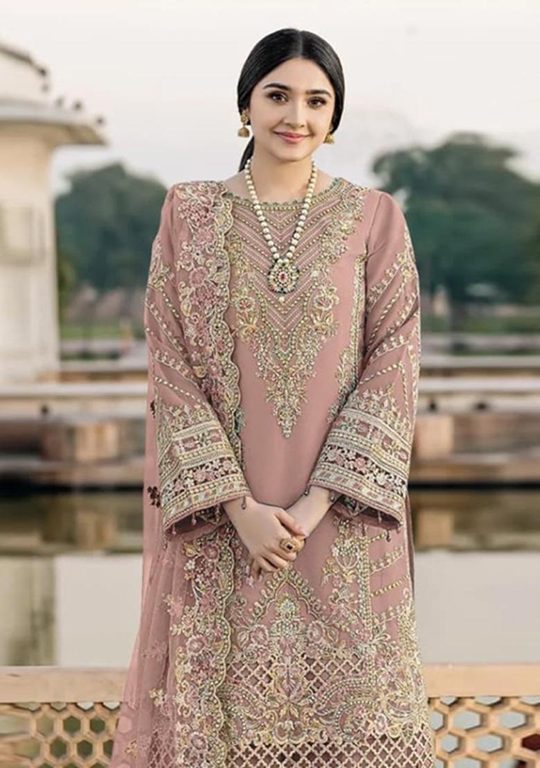 Peach Embroidered Chiffon Salwar Kameez - Indya