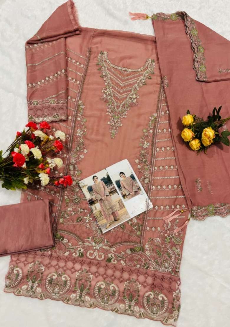 Peach Embroidered Chiffon Salwar Kameez - Indya