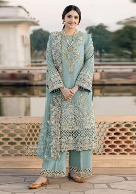 Blue Embroidered Chiffon Salwar Kameez