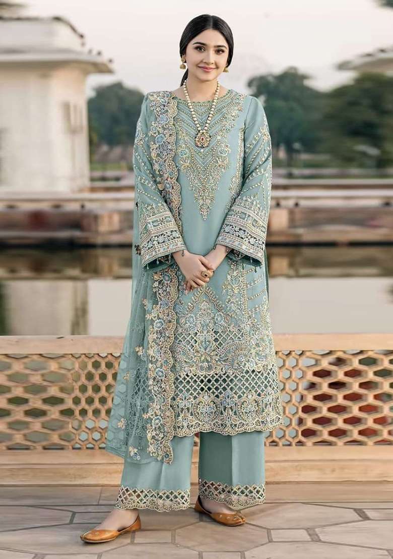 Blue Embroidered Chiffon Salwar Kameez - Indya