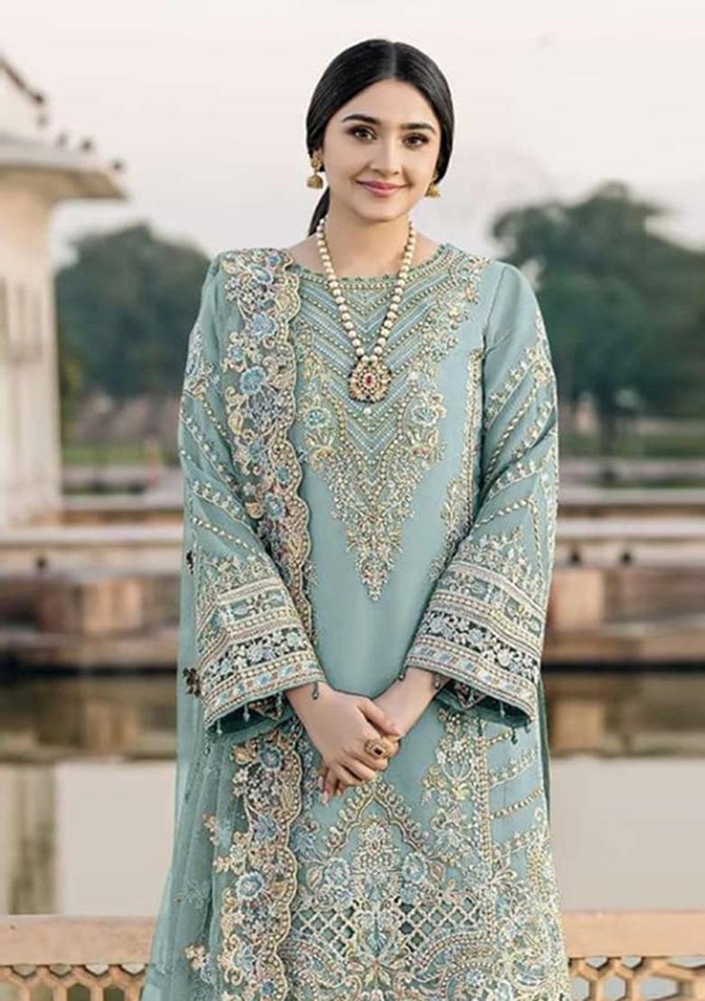 Blue Embroidered Chiffon Salwar Kameez - Indya