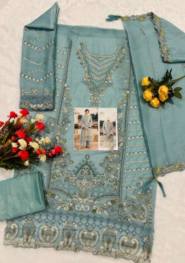 Blue Embroidered Chiffon Salwar Kameez - Indya